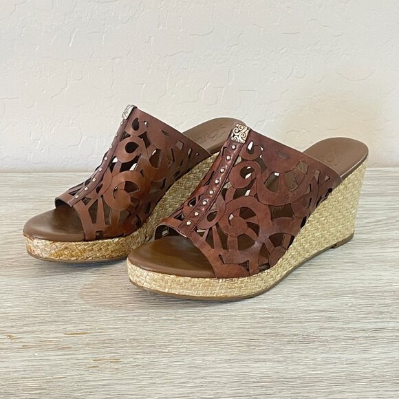 Brighton Sandals 6 Daria Brown Leather Silver Charm Woven Platform Wedge Slide - Picture 1 of 11